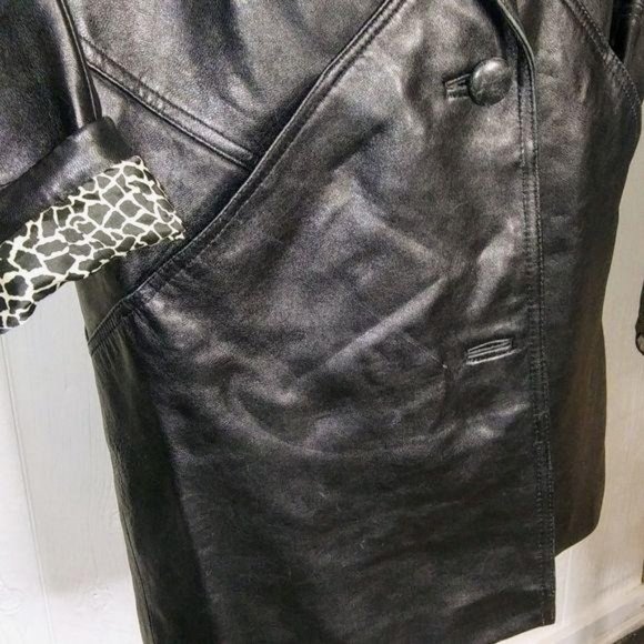 Vintage PRESTON & YORK Oversized Black Lambskin Leather Blazer Leopard Detail - Picture 3 of 5